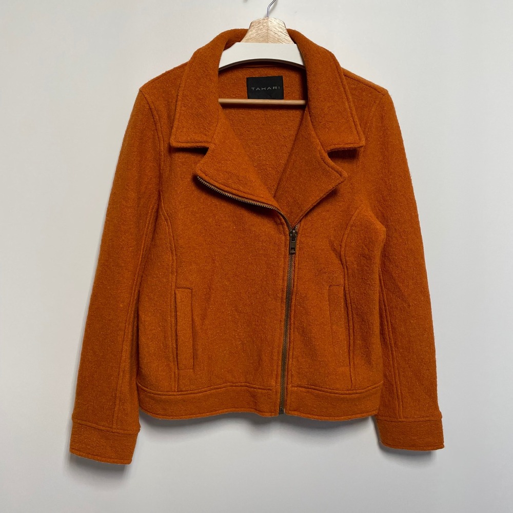 Tahari Orange Wool Blend‎ Moto Jacket Asymmetrical Zip Women's Size M or L